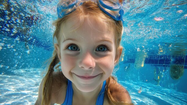 A smiling child with goggles swims underwater in a clear blue pool, looking directly at the camera.