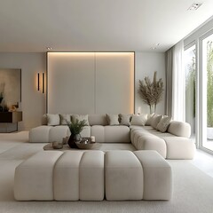 A Modern Interior Design Living Room with a Large Sectional Sofa and Neutral Colors Palette
