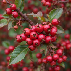Obraz premium Close-up of a fruiting shrub called Pyracantha coccinea. Firethorn berries, rosaceae evergreen shrub. Dog apple, China, the scarlet, European species or red firethorn. Small, bright red berries.