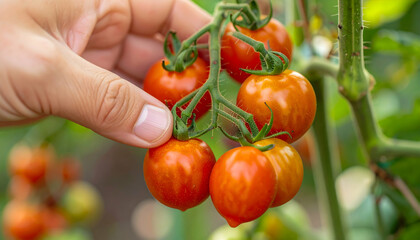 Hand-picked Tomato Harvest: A close-up shot captures a hand gently selecting ripe tomatoes from a vibrant vine, showcasing the freshness and natural beauty of the harvest.