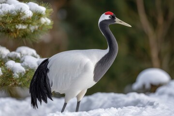 Obraz premium Red-crowned Crane in Winter: Elegance in a Snowy Landscape