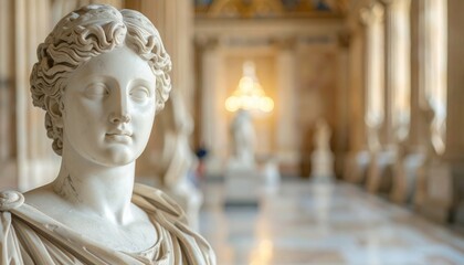 Marble Statue in Historical Building: A close-up of a classical marble sculpture of a woman stands elegantly within a historical building, showcasing refined details and historical architecture.