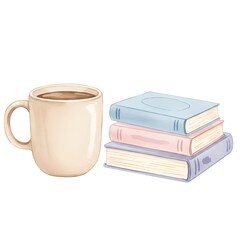 Naklejka premium Pastel Watercolor Still Life of Books and Coffee Mug