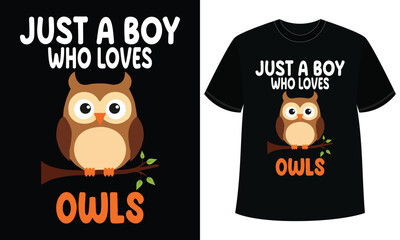 Just a Boy Who Loves Owls Cute Cartoon T-Shirt Design for Bird Lovers
