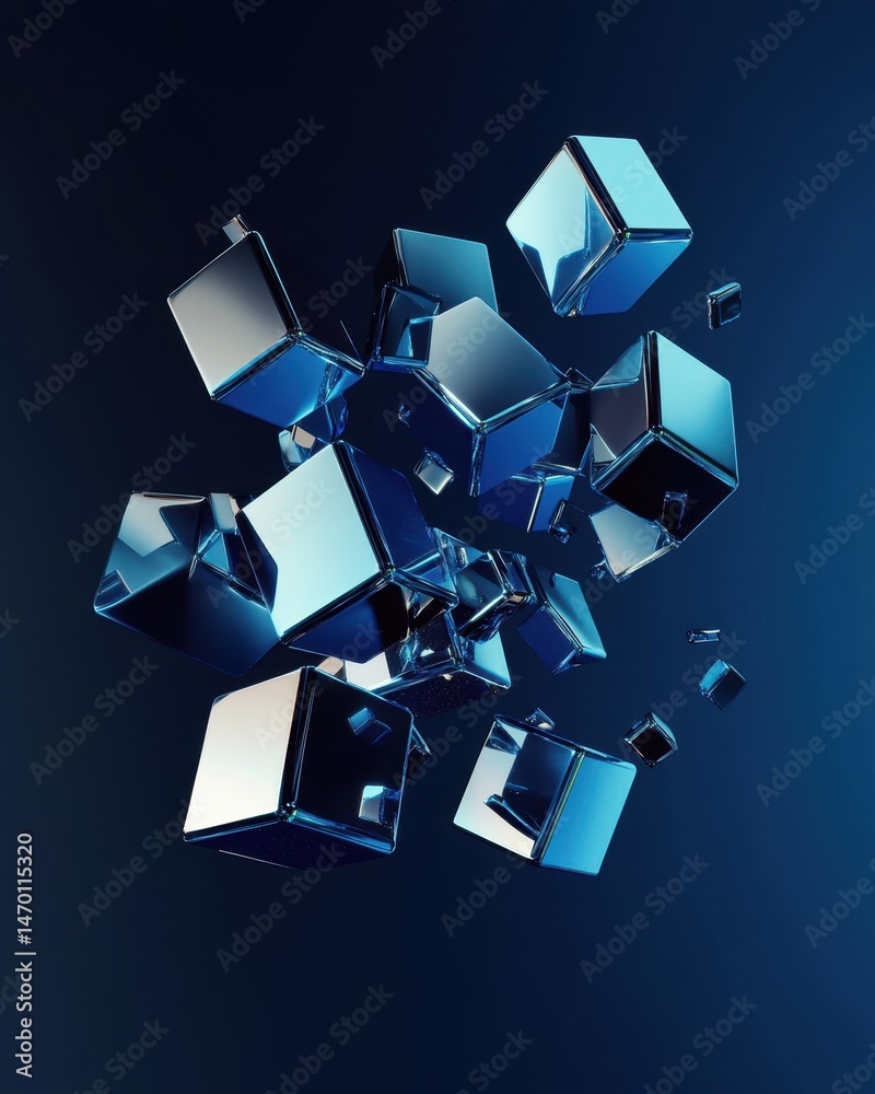 Poster abstract composition featuring reflective blue cubes floating against a dark blue gradient backgroun