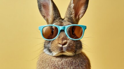Rabbit In Blue Sunglasses Stylish Animal Portrait On Bright Yellow Studio Backdrop