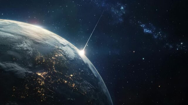 Lonely meteor floats in space heading toward planet.