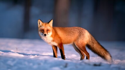Fototapeta premium Red Fox in Winter: An alert red fox stands majestically in a snowy landscape, its fiery coat a vibrant contrast against the winter's chill. The image captures the fox's elegance and resilience. 