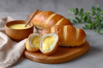 Golden Custard-Filled Bread Rolls: A Rustic Bakery Delight