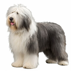 Full-body portrait of a fluffy Old English Sheepdog standing with its tongue slightly out, isolated on a transparent background