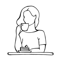 Coffee house vector collections. Line art illustration with woman at the table is drinking coffee. Сoffee-themed composition in the ink style