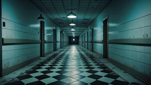 Dimly lit empty hospital hallway with vintage checkered floor tiles, teal walls, ceiling lights, and a dark vanishing point in the distance

