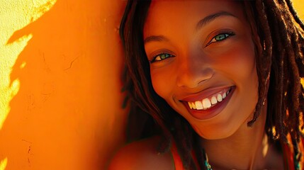A joyful young woman with long, dark dreadlocks smiles broadly against an orange backdrop.