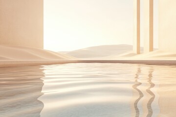 Serene desert scene featuring a pool reflecting sand dunes, architecture, and a soft, warm color palette.