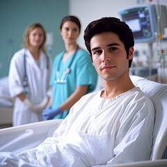 A doctor in a white coat smiles while speaking to a patient in a hospital bed.