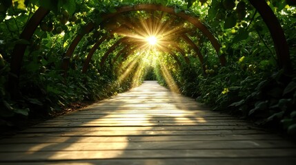 A beautiful wooden pathway beneath a lush green archway, where sunlight streams through the leaves, creating a serene and enchanting atmosphere perfect for nature lovers.