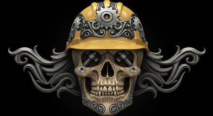 Steampunk Skeleton Wearing a Construction Helmet with Mechanical Details