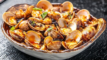 Fototapeta premium Chinese stir fried clam coated black bean garlic sauce served hot ceramic dish placed black textured table bold savory seafood dish popular coastal region of China cut out isolated transparent