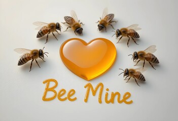heart shaped honey with bees and hand written &lsquo;Bee Mine&rsquo; phrase, suitable for express love and sweetness 