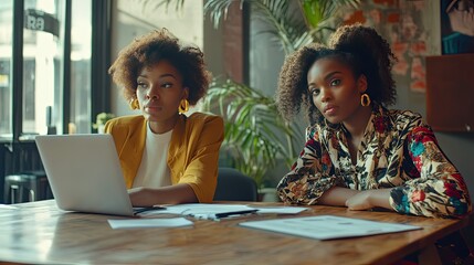 Two women are seated at a wooden table in a modern café.