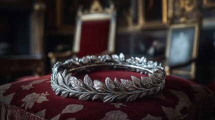 A silver laurel wreath elegantly displayed on a velvet cushion in a royal chamber