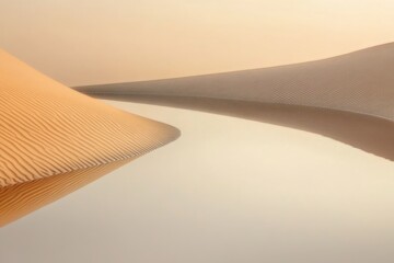 Sandy dune landscape with rippled patterns, reflecting in soft light, creating a serene and minimalist desert scene.