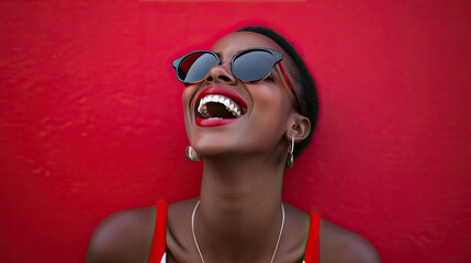A young woman with short, styled hair smiles broadly while adjusting her sunglasses.
