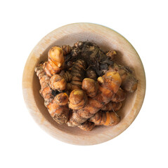 turmeric in a wooden bowl with a transparent background. taken from a high angle