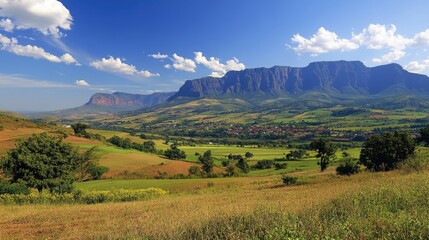 A panoramic view of a mountainous landscape featuring rolling hills and steep cliffs under a partly cloudy sky.