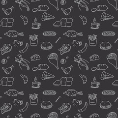 Grocery seamless pattern. Food texture, wallpaper template for restaurant, print or cafe. Hand drawn food sketch white icons on blackboard. Doodle chalk design,