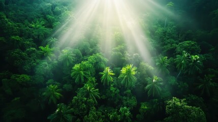 Obraz premium Glistening sun rays penetrate through a dense, lush canopy, creating a serene and magical environment that evokes peace and connection with nature's beauty.