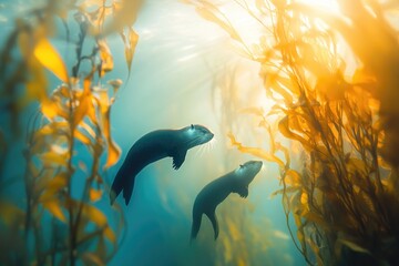 Fototapeta premium Two sea otters swimming gracefully underwater amidst golden kelp forests, bathed in ethereal sunlight streaming from above.
