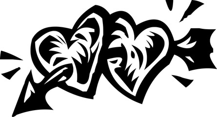 Black and white graphic of two hearts pierced by an arrow, symbolizing love and connection.