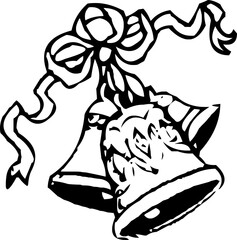Black and white drawing of two decorative bells tied with a ribbon, symbolizing celebration.