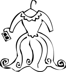 Black and white line drawing of a dress on a hanger with a ruffled neckline and flared skirt.