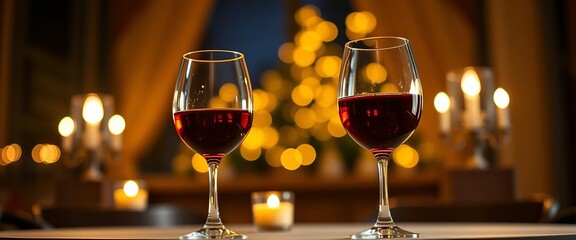 Two glasses of wine on a table, candlelight, night, relaxation, cozy