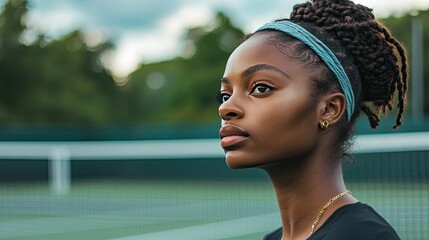 A young woman with long braided hair gazes over her shoulder, wearing a black athletic top.