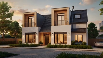 3D render of a terrace house street at golden hour, cozy neighborhood vibe