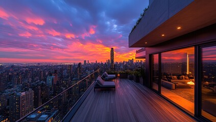 Fototapeta premium Panoramic city view from a luxurious penthouse balcony at sunset