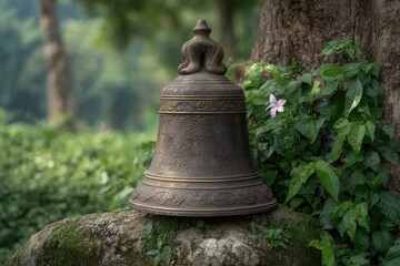 Ornate Bronze Bell in Serene Garden Setting