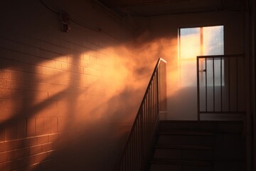 Warm Sunlight Flooding into Dim Stairwell with Metal Railings and Textured Glass Window at the End of a Brick Wall