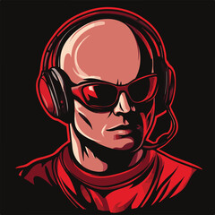Vector Illustration Of A Bald Gamer Wearing A Headset And Sunglasses In Shades Of Red And Black