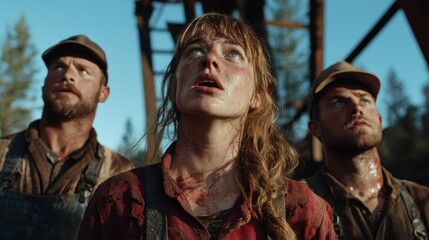 Fototapeta premium Three workers stand together, looking upwards with determination, signifying teamwork and resilience amidst challenges in a gritty, intense environment.