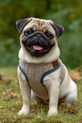 Fototapeta premium Adorable Pug in Autumnal Knit Vest: A Charming Portrait