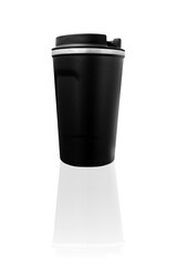 Black thermo cup for tea or coffee on a transparent background with soft reflection. Hot drink thermos mug