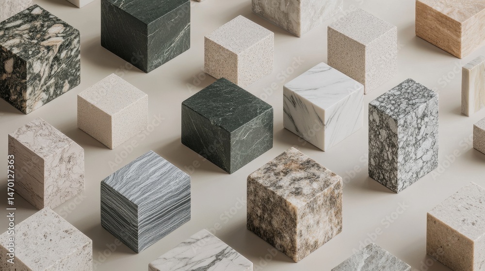 Poster various textured cube blocks in different shades of gray and brown are arranged on a neutral backgro