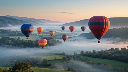 Obraz premium Hot air balloons rise slowly above mist-covered valley at golden hour