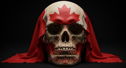 Haunting portrayal of mortality with a Canadian flag themed skull artwork