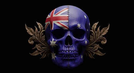 Intricate Australian Flag Skull with Ornate Accents on Dark Background
