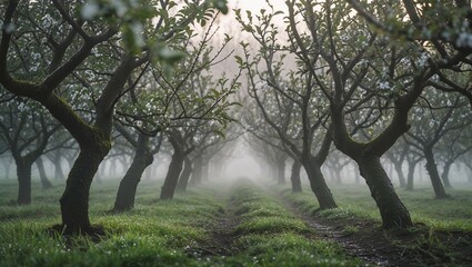 Obraz premium Misty light filters through orchard branches heavy with wet spring bloom